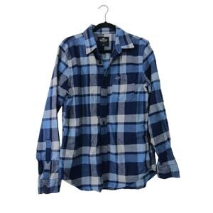 Hollister Blue Plaid Flannel Button Shirt Mens size M Outdoor Cuff Cotton